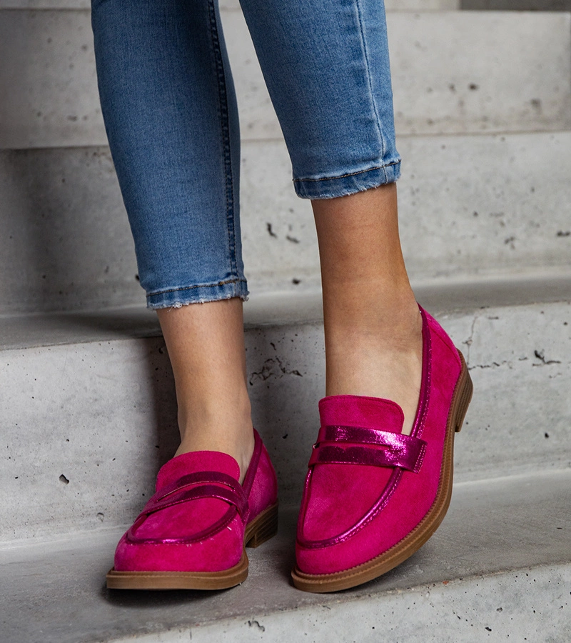 Ružové semišové mokasíny s trblietavými vložkami Leonolena