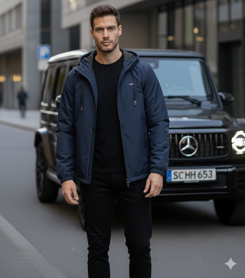 Pánska tmavomodrá vetrovka s kapucňou Duplessis