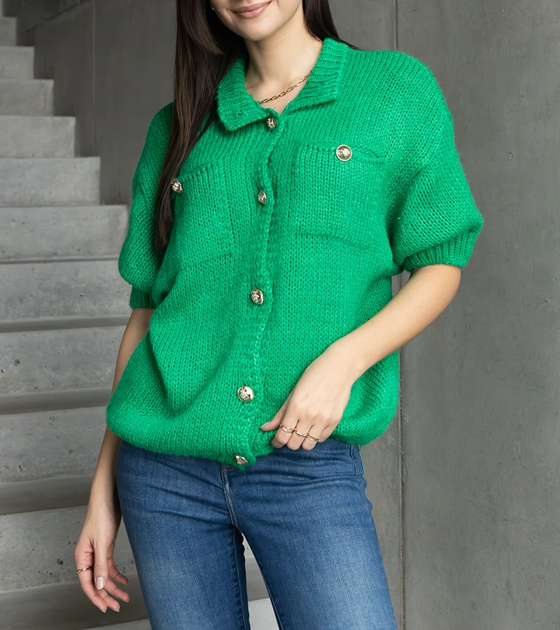 Dámsky zelený sveter s krátkym rukávom ozdobné gombíky Shela