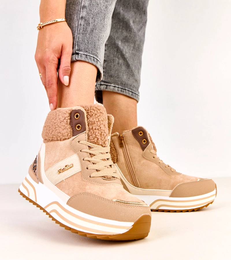 Tmavobéžové zateplené vysoké tenisky s kožušinou Mirasen