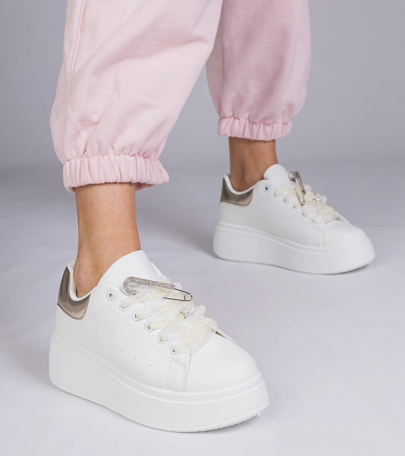 Biele tenisky so zlatou vložkou a opätkom s kryštálmi Floura