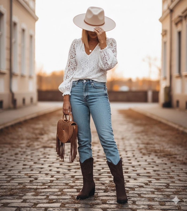 Hnedé kovbojky s ozdobnou výšivkou Cassa