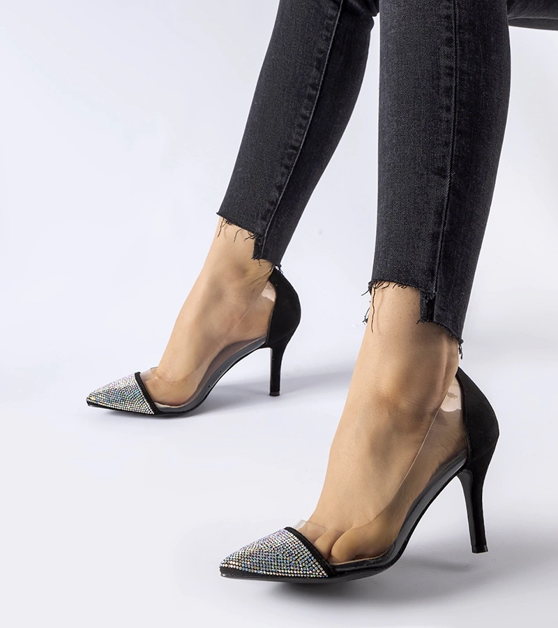 Čierne špilky s kubickým zirkónom a priehľadom Laceno