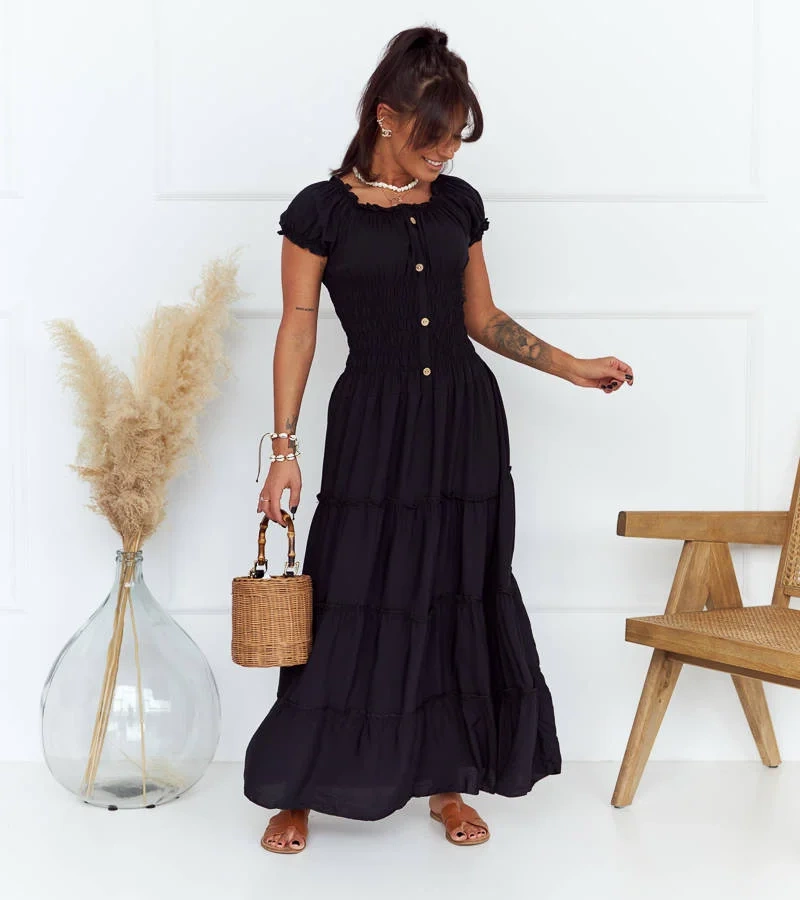 Čierne maxi šaty so záhybmi Elenna