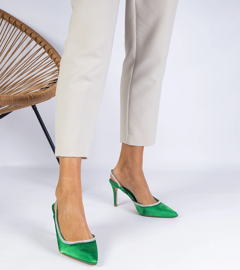 Zelené saténové lodičky s kamienkami s otvorenou pätou Mrozzi