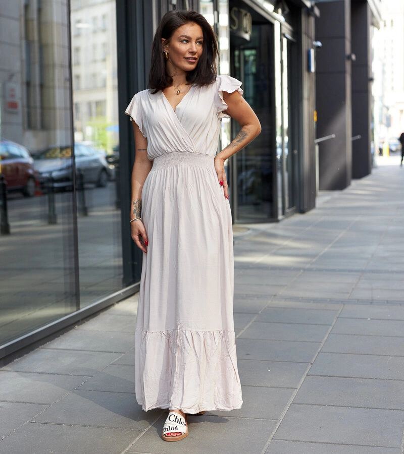 Bežové maxi šaty s drapériou od Goffreda