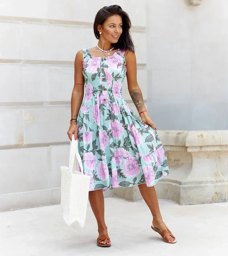 Zelené šaty s fialovými kvetmi Coraline