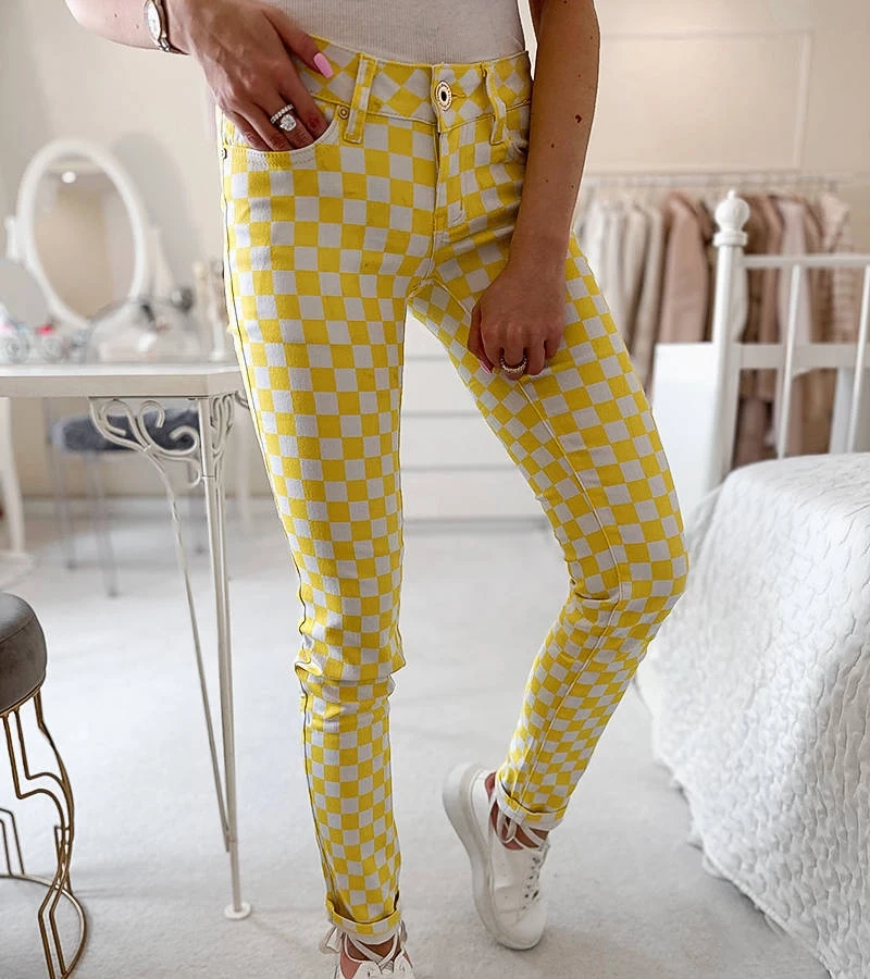 Žlté nohavice z kockovanej látky Bler