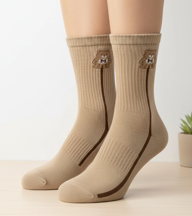Béžové teplé ponožky s medvedíkom Sella