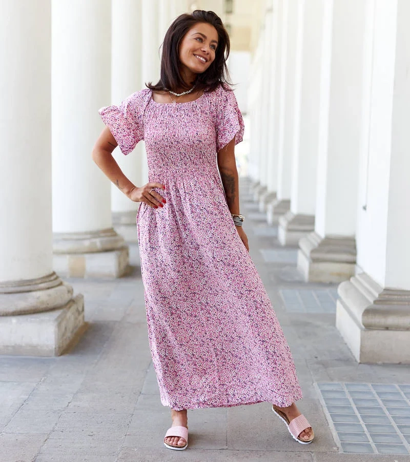 Ružové kvetinové midi šaty od značky Lioba