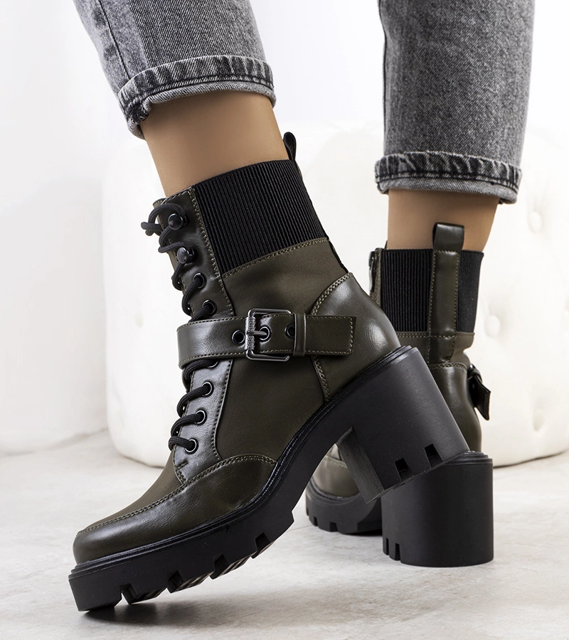 Zelené traperské topánky Messina na podpätku