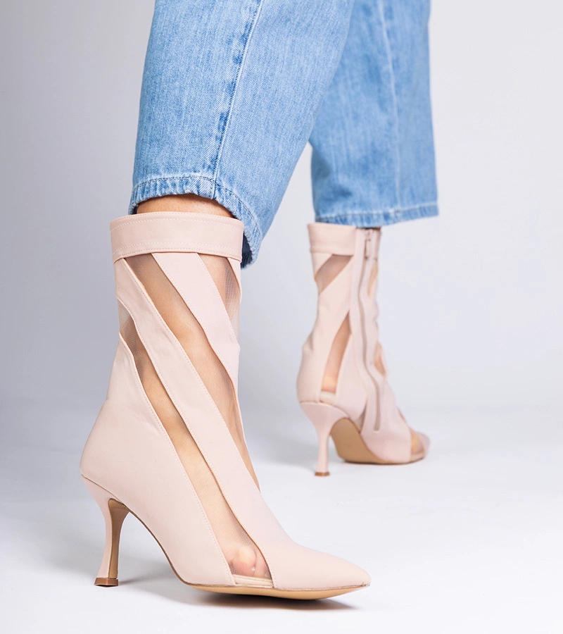 Béžové saténové členkové topánky s sieťkou na ihličkovom podpätku Ewelines