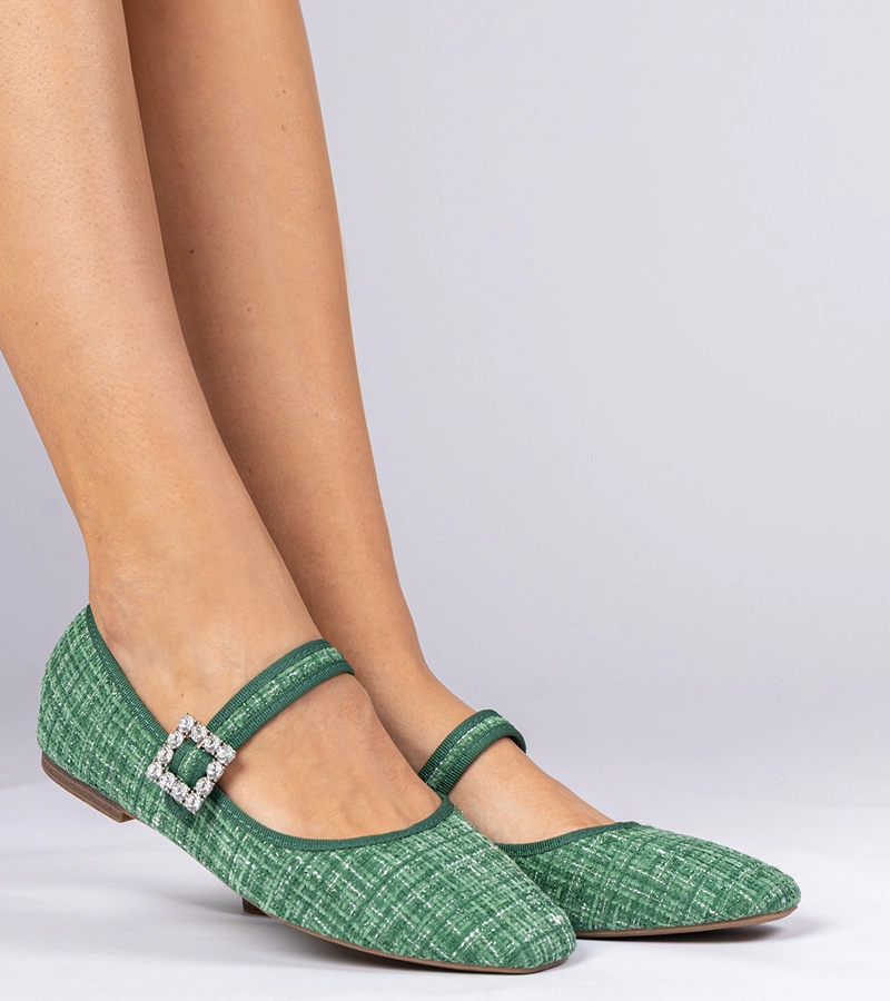 Zelené dámske balerínky s prackou a kryštálikmi Piona