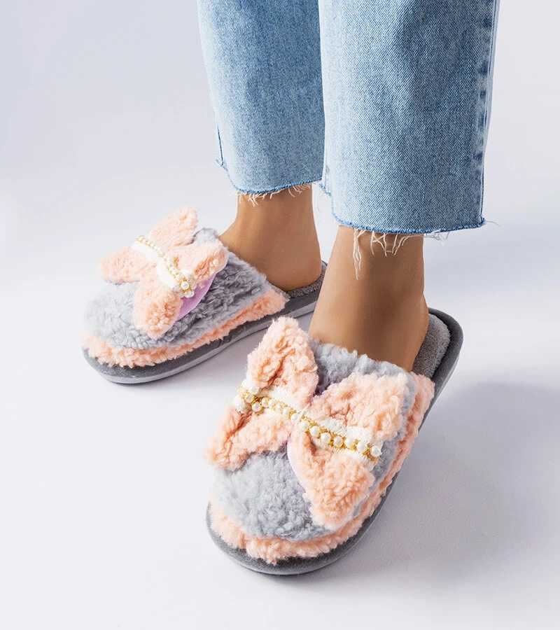 Šedé a ružové papuče s mašľou