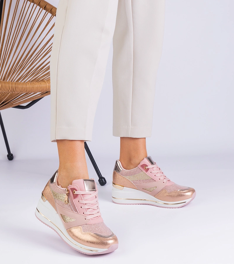 Ružové športové tenisky na platforme zdobené glitrami a metalickou vložkou Evklada