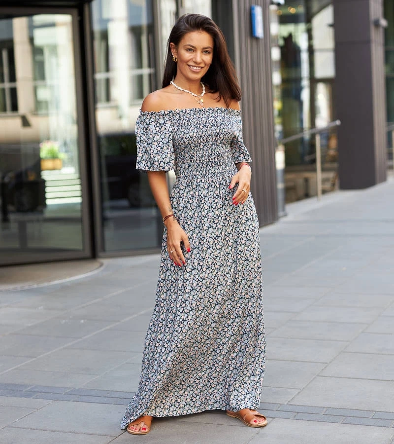 Ilario tmavomodré kvetované maxi šaty