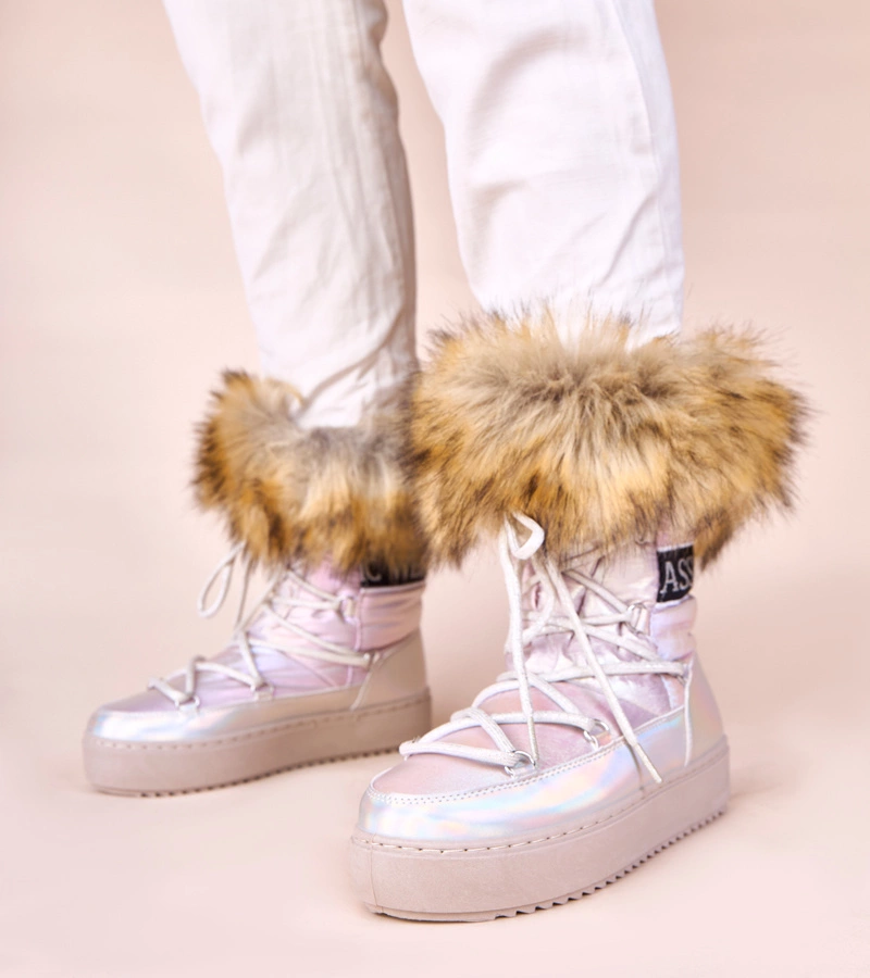 Strieborné snehule s ružovým nádychom šnurovacie s kožušinou Alison