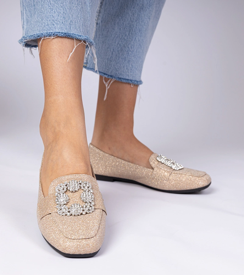 Šampanské brokátové mokasíny s kryštálmi Sawelia