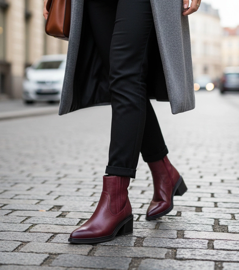 Bordové členkové čižmy na podpätku s elastickým vsadením Sesie