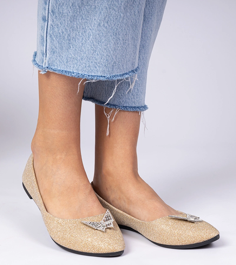 Zlaté dámske balerínky s trblietkami s motýlikom Denny