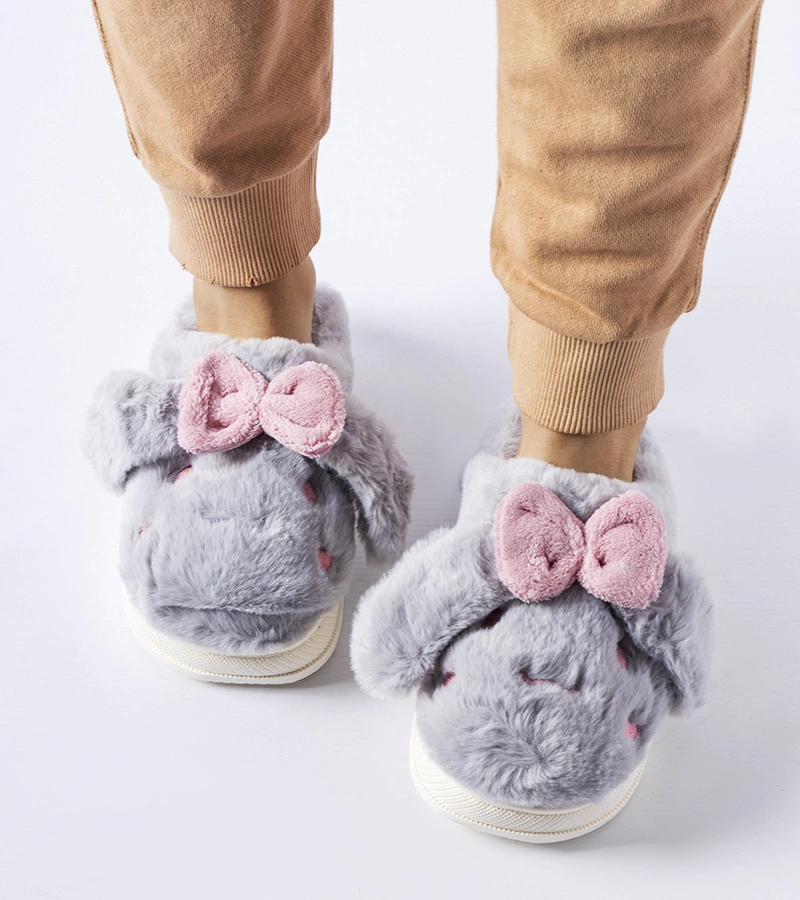 Sivé teplé papuče s ušami a mašličkou Gilda