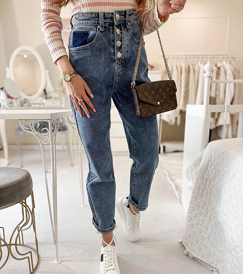 Modré nohavice v štýle mama jeans Leclerc