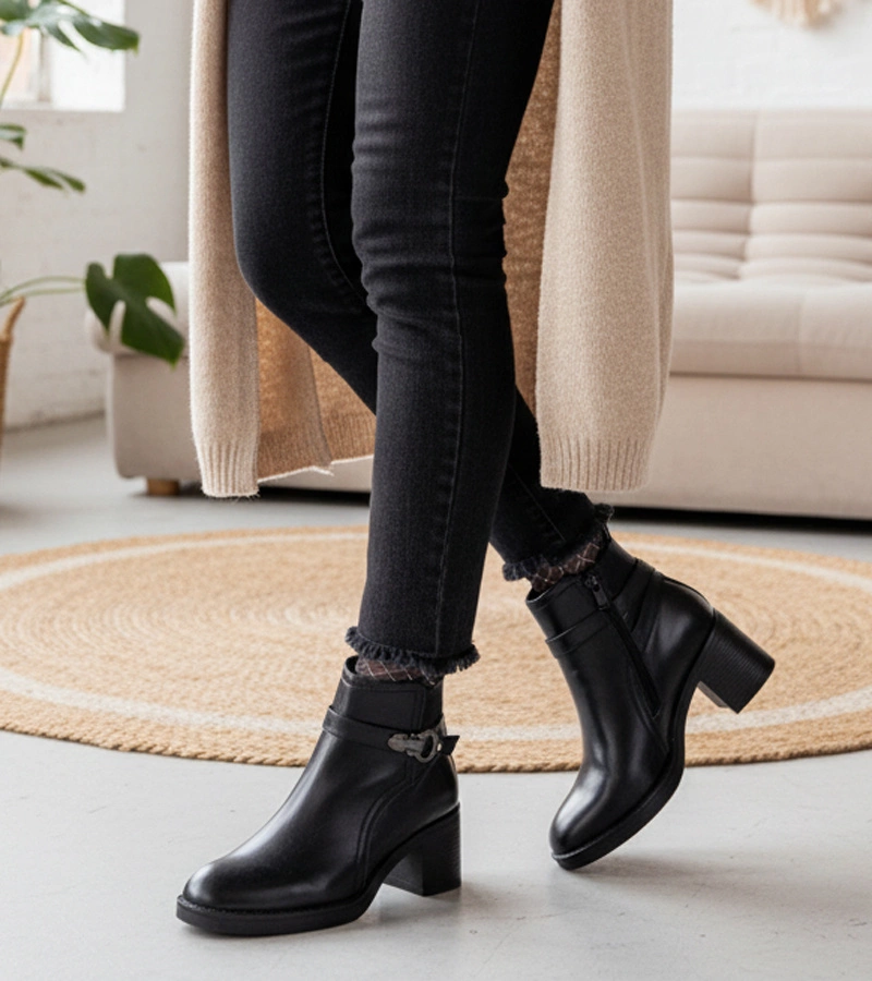 Čierne členkové topánky na podpätku s ozdobnou prackou Sanada