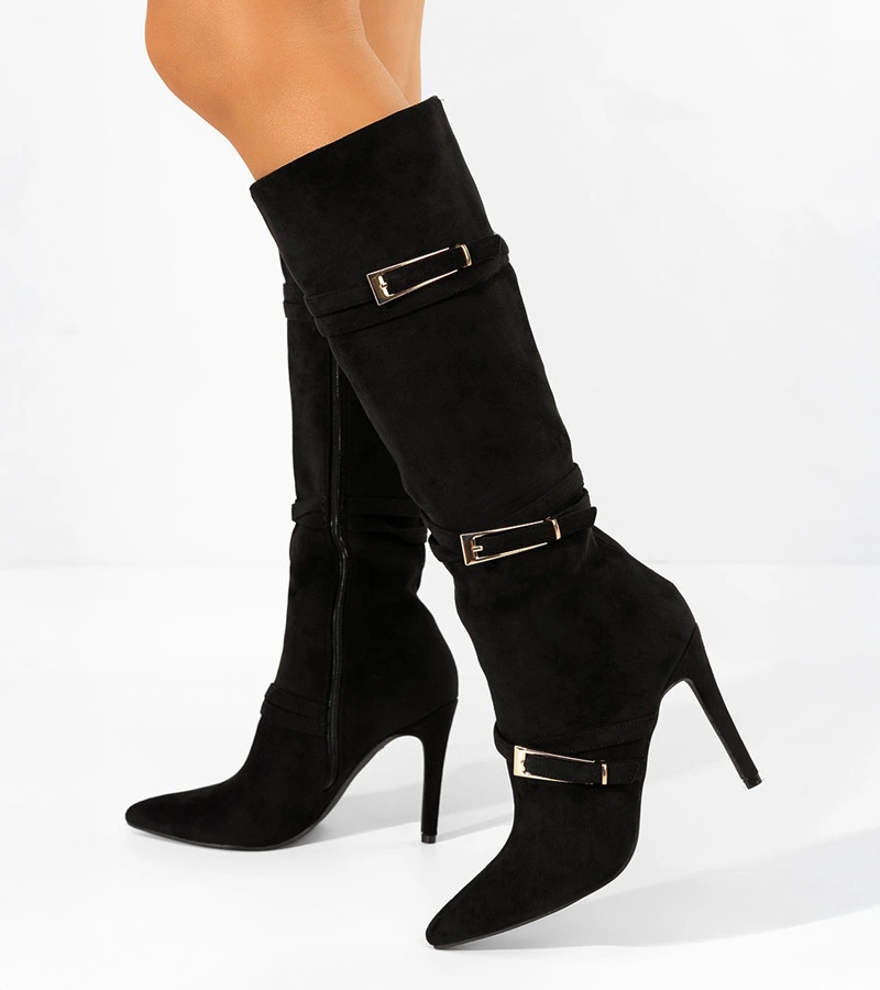 Čierne čižmy na ihličkovom podpätku s ozdobnými prackami Sadie