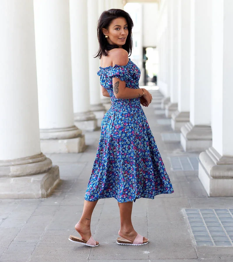 Modré kvetinové midi šaty Rosanna