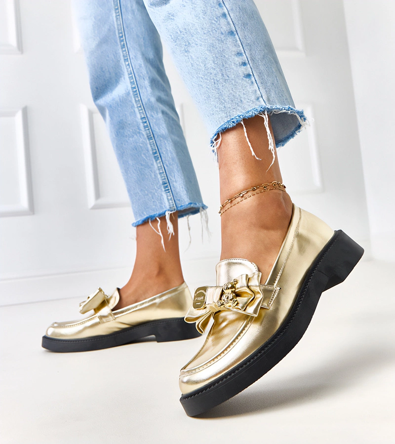 Zlaté mokasíny s mašľou a medvedíkom Teriwa