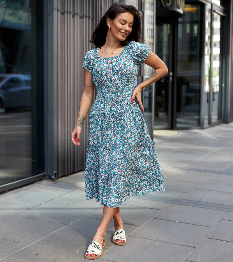 Tyrkysová šaty midi s kvetmi Eloize