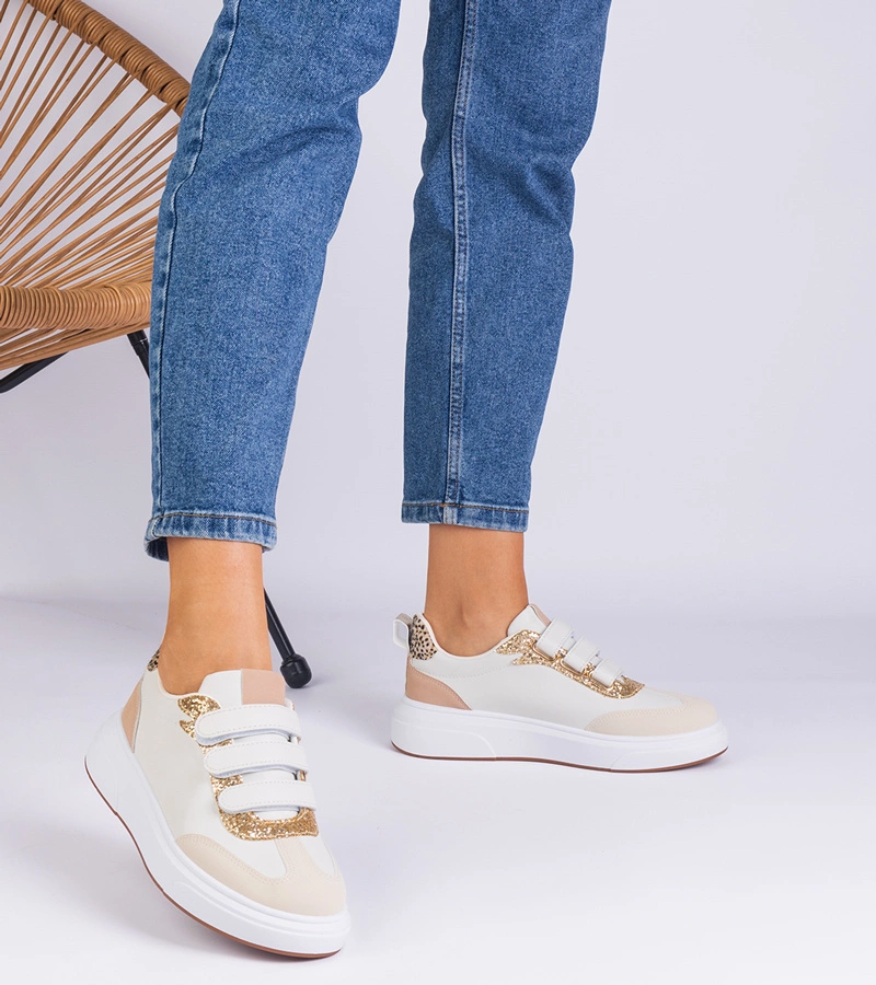 Béžové dámske tenisky na suchý zips zdobené brokátom Kasabella