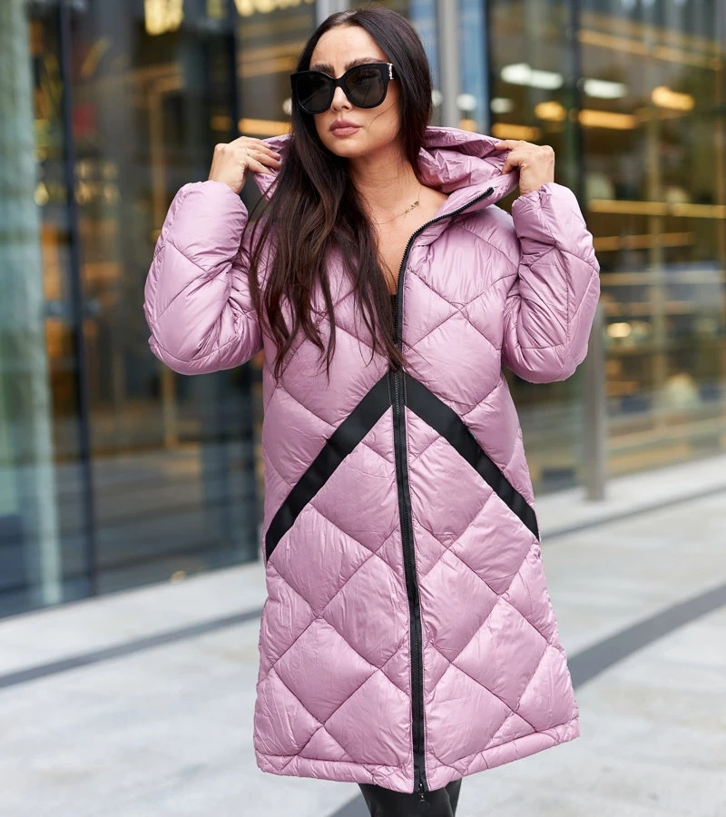 Dlhá ružová prešívaná bunda s lemovaním od spoločnosti Merigo