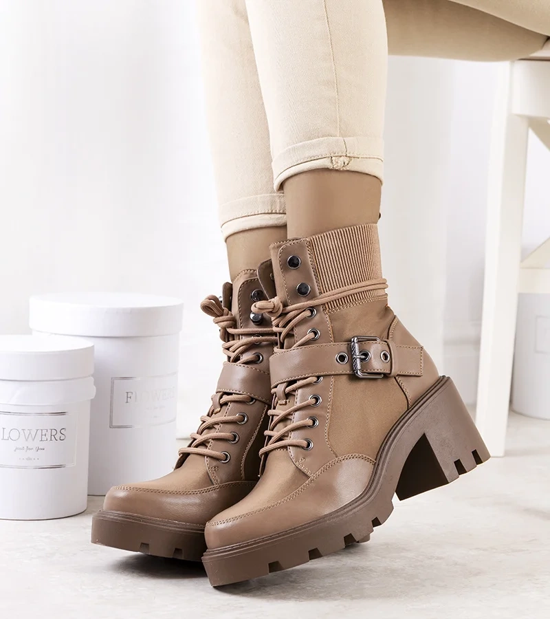 Messina hnedé traperské topánky na podpätku