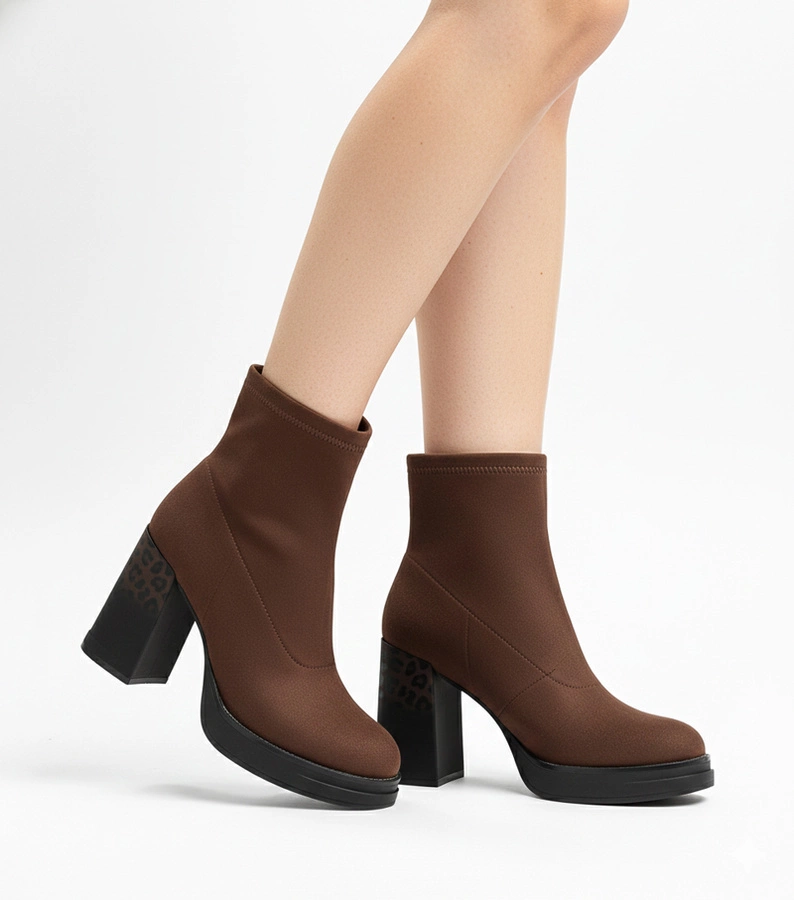 Hnedé čižmičky na podpätku zdobenom leopardím vzorom Delora