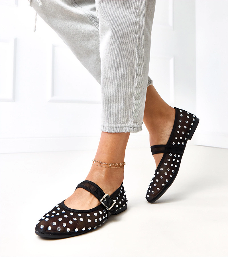 Čierne sieťované balerínky s kryštálikmi Malmo