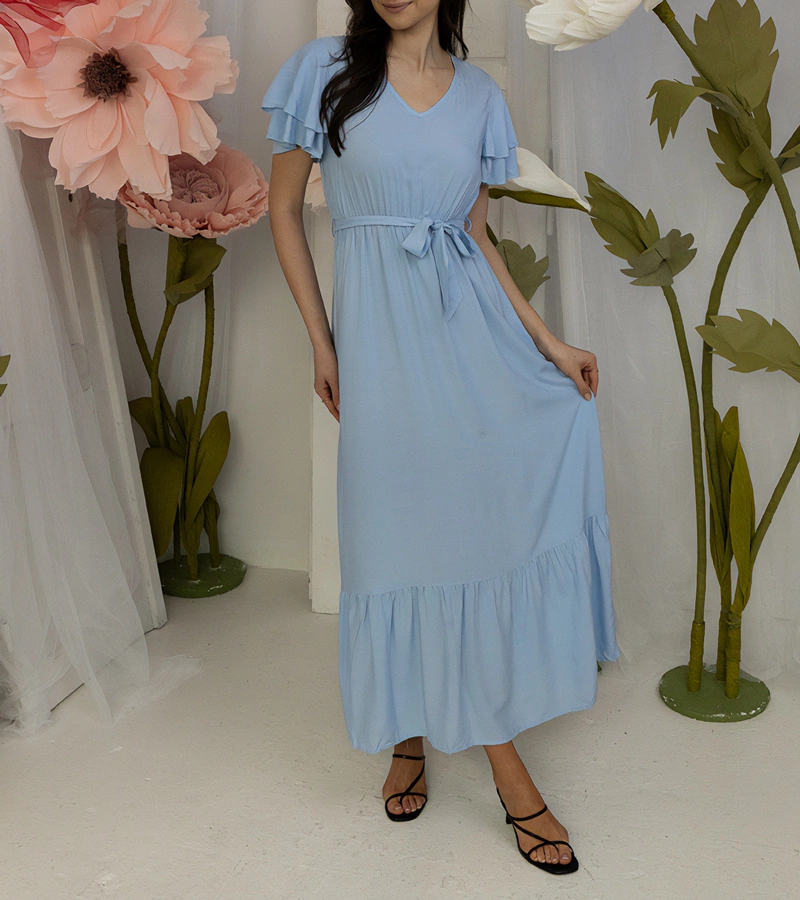 Modré maxi šaty s krátkym rukávom Akina