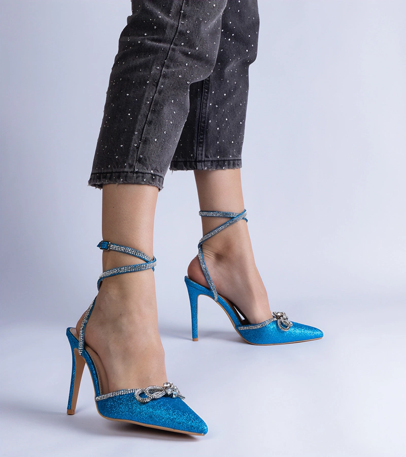 Modré trblietavé lodičky s mašličkou a kamienkami Merkuri