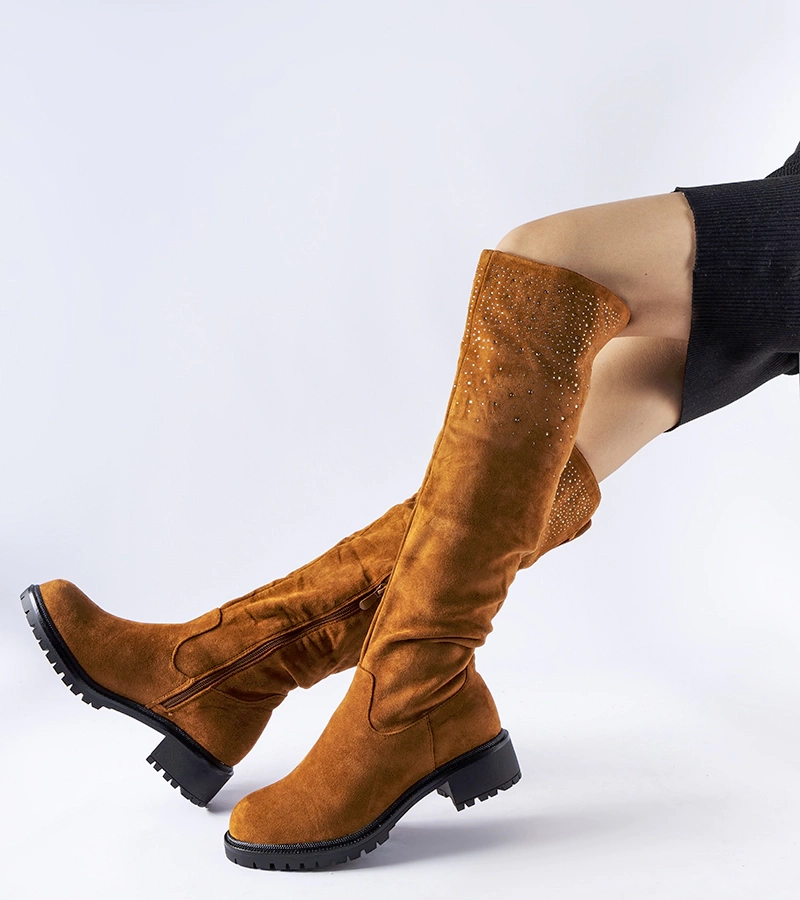 Hnedé dlhé čižmy s cirkónmi Colleen