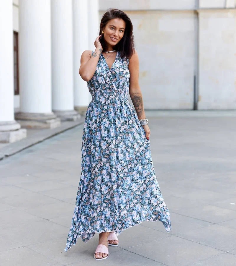 Modré maxi šaty s elastickým pásom Beneventi