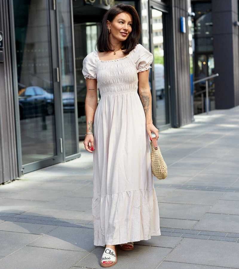 Bežové šaty s gáframi maxi Demisa