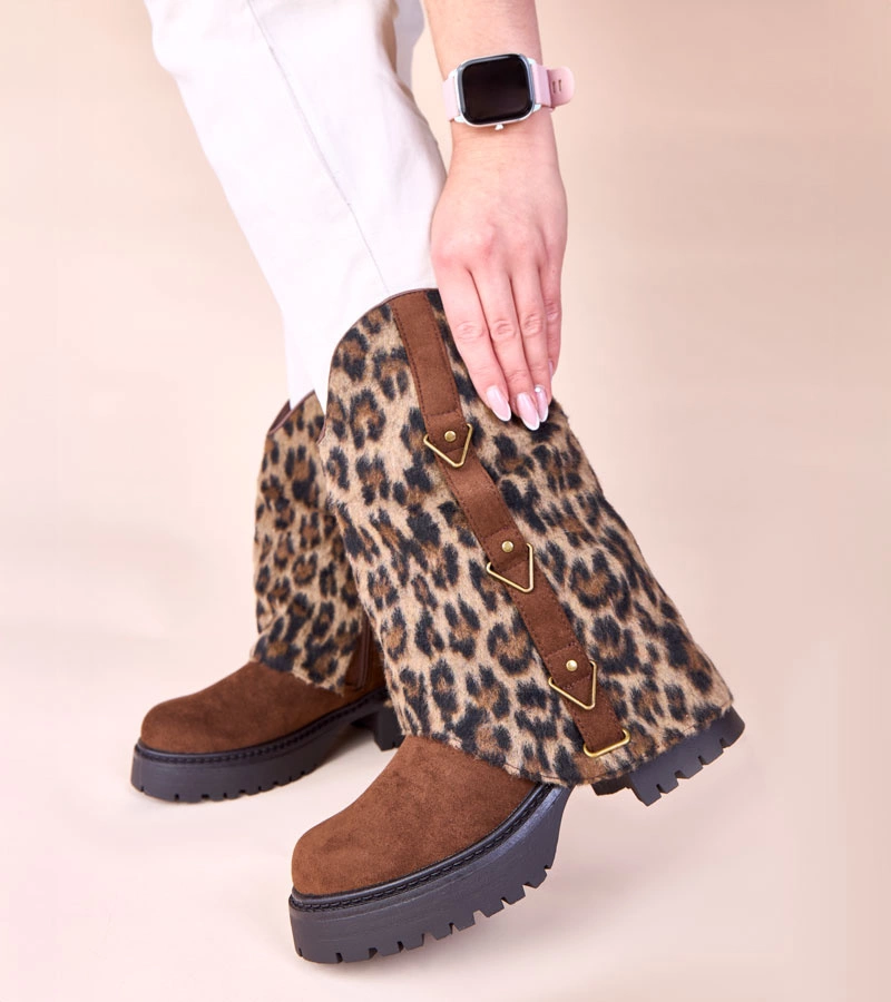 Hnedé členkové čižmy s leopardovým ohrnutým zvrškom Kaylia
