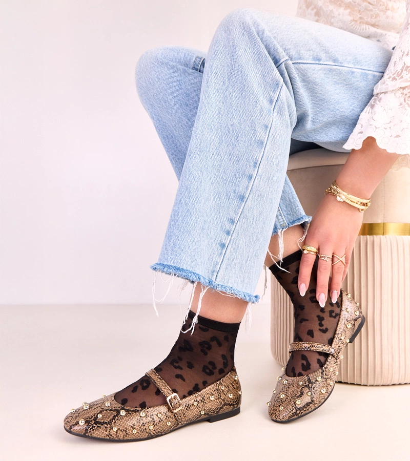 Hnedé baleríny s motívom hadej kože zdobené perličkami Selena