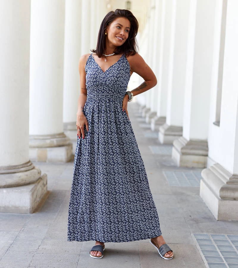 Esperia tmavomodré kvetované maxi šaty