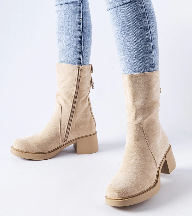 Beige členkové čižmy na podpätku z ekokože Agordino