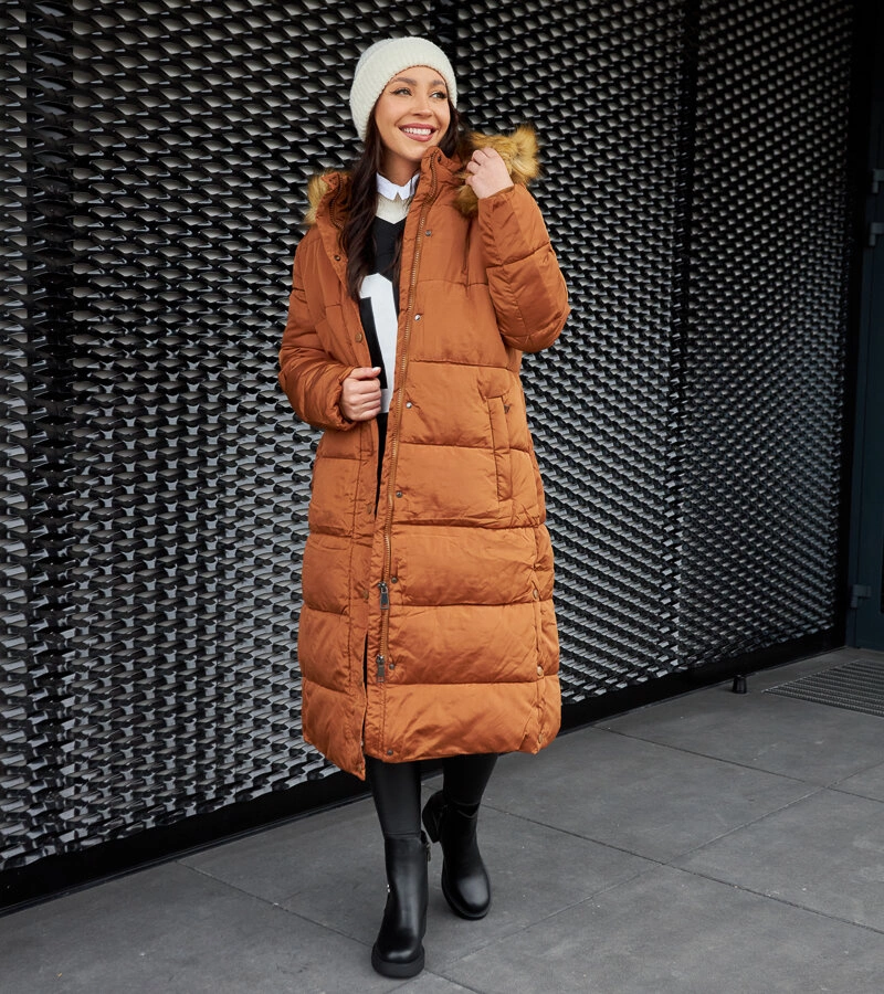 Tmavohnedá dlhá bunda s kapucňou Fela