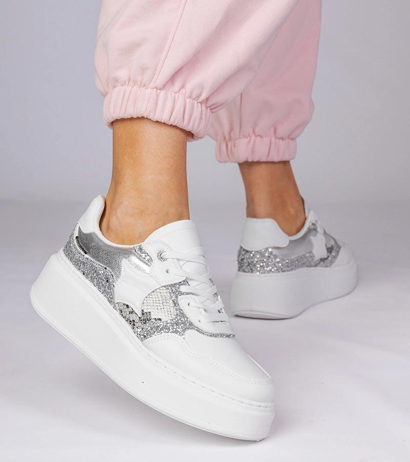 Biele tenisky s trblietkami a zvieracou potlačou Bertula