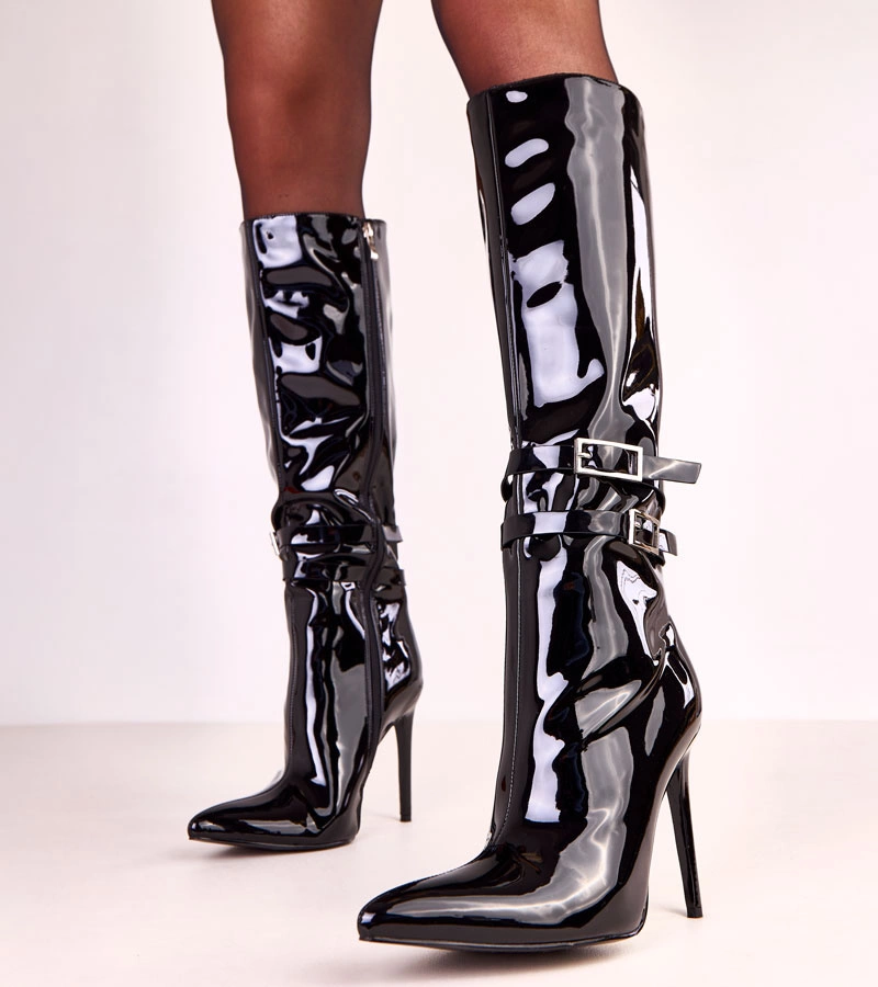 Čierne lakované čižmy s ozdobnou prackou Asheris