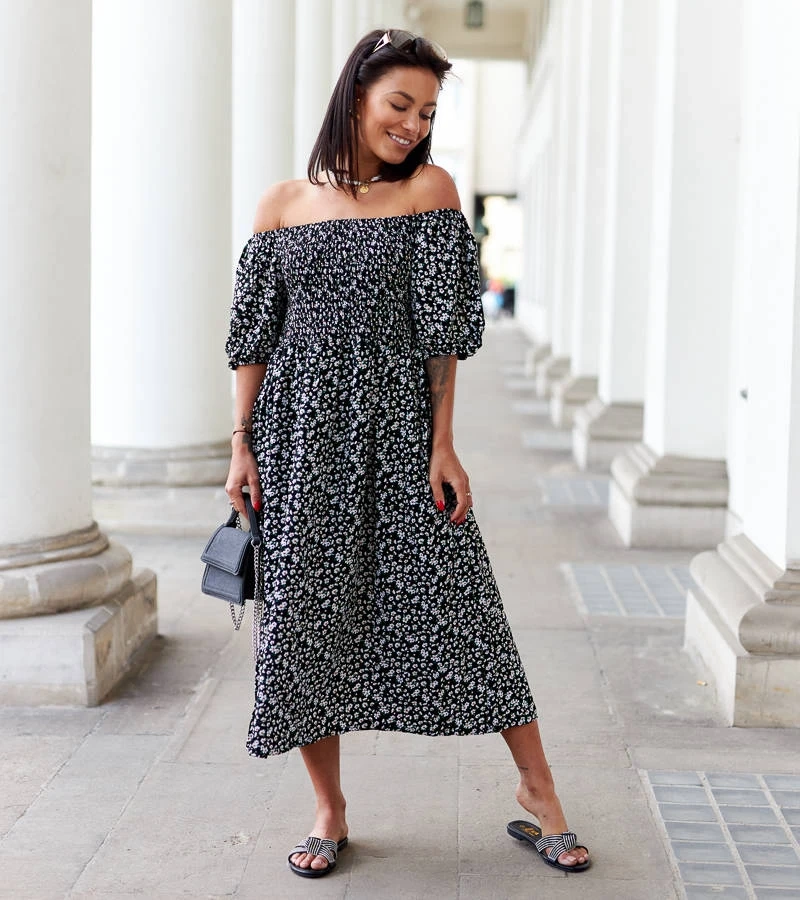 Čierne kvetinové midi šaty Castiglione