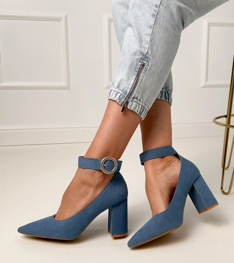 Džínsové lodičky na podpätku s prackou a kryštálikmi Vellus